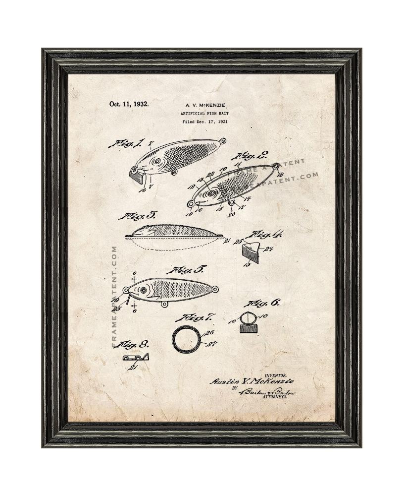 Artificial Fish Bait Patent Print Old Look with Black Wood Frame