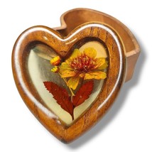 Vintage Trinket Box Lucite Pressed Flowers Heart Shaped Wooden Floral 70&#39;s C23 - £18.34 GBP