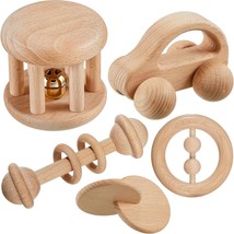 5 Pieces Wooden Baby Toys Wooden Toys For Babies 0-6-12 Months Wood Toys Rattles - £33.82 GBP