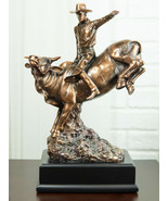 Wild Western Rodeo Cowboy With Bucking Bull Bronze Electroplated Statue - $101.99