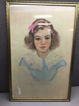 Vintage Pen Ink Craypas Signed Drawing of Young Girl in Gold Frame - £28.52 GBP