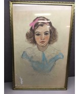 Vintage Pen Ink Craypas Signed Drawing of Young Girl in Gold Frame - £28.65 GBP