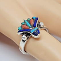 925 Sterling Silver - Southwestern Turquoise Lapis Lazuli Coral Ring Size 7.25 - £55.91 GBP