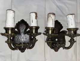 Pair Of Antique Brass/ Metal Wall Scones, Electric Lights 7” X 5.5” Pull... - $130.89
