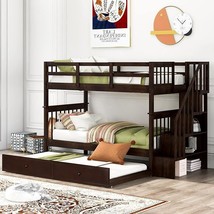 Bunk Bed Twin Over Twin Size With Trundle And Storage Stairs, Solid Wood Bunkbed - £749.02 GBP