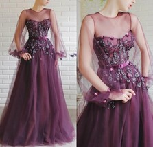 Beautiful Long Sleeve Evening Dresses Jewel Neck Lace Floral Appliqued B... - $485.99