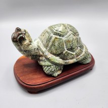 Green Stone Turtle Figurine Hand Carved Stone Sculpture on Wood Base Soapstone? - £76.37 GBP