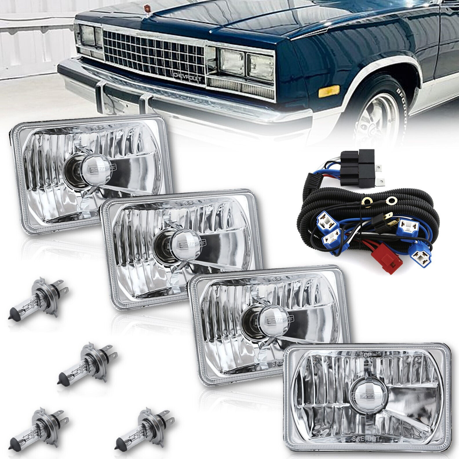 Primary image for 4X6" Crystal Glass Lens Clear Halogen Headlight & H4 Relay Harness Light Set