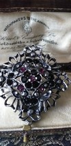 Vintage Pewter Black &amp; Purple Crystal Stone Ornate Openwork Brooch - £21.81 GBP