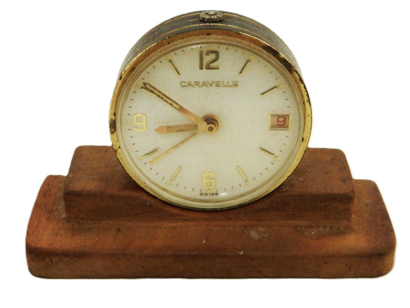 Caravelle Mini Mantel Clock, Analog, Wooden Base, Vintage, Parts or Repair - $14.65