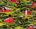 Cotton Rolling Hills Pasture Scenic Farm Barns Green Fabric Print BTY D3... - $14.95