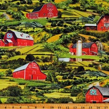 Cotton Rolling Hills Pasture Scenic Farm Barns Green Fabric Print BTY D364.61 - £11.67 GBP