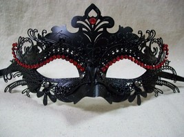Fancy Black Eye Mask Metal Filigree Red Gems Gothic Wicked Queen Masquer... - $244.08 MXN