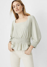 NWT Women&#39;s Ann Taylor Smocked Square Neck Puff Sleeve Blouse Top Sage Sz Large - £31.13 GBP