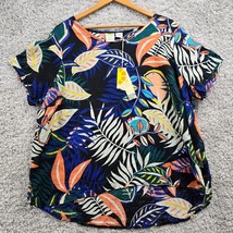 C&amp;C California Shirt Women 2X Colorful Linen Floral Short Sleeve Tropical Beach - $34.60