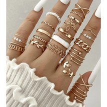 24-Piece Rose Gold Stacking Ring Set for Women – Leaf Butterfly,Pearl Mi... - $15.00