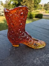 Vintage 70s Fenton Sunset Carnival Daisy &amp; Button Glass Boot  Orange Yel... - £23.15 GBP