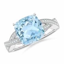 ANGARA Solitaire Cushion Aquamarine Criss Cross Ring with Diamonds - £1,224.13 GBP