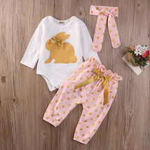 NEW Easter Bunny Gold Rabbit Baby Girls Bodysuit Pants Headband Outfit Set - £7.08 GBP