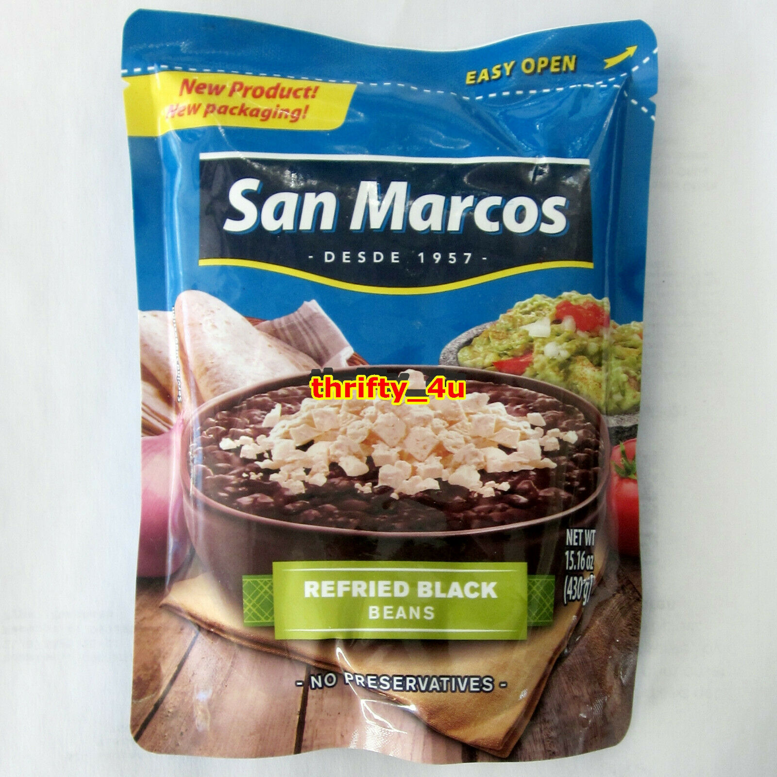 San Marcos Brand REFRIED (Black) Beans One Easy Open Pouch, 15oz (430g) Frijoles - $1.05