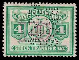 US REVENUE Stamp - New York Stock Transfer, $4, Overprint 1328 - £1.17 GBP