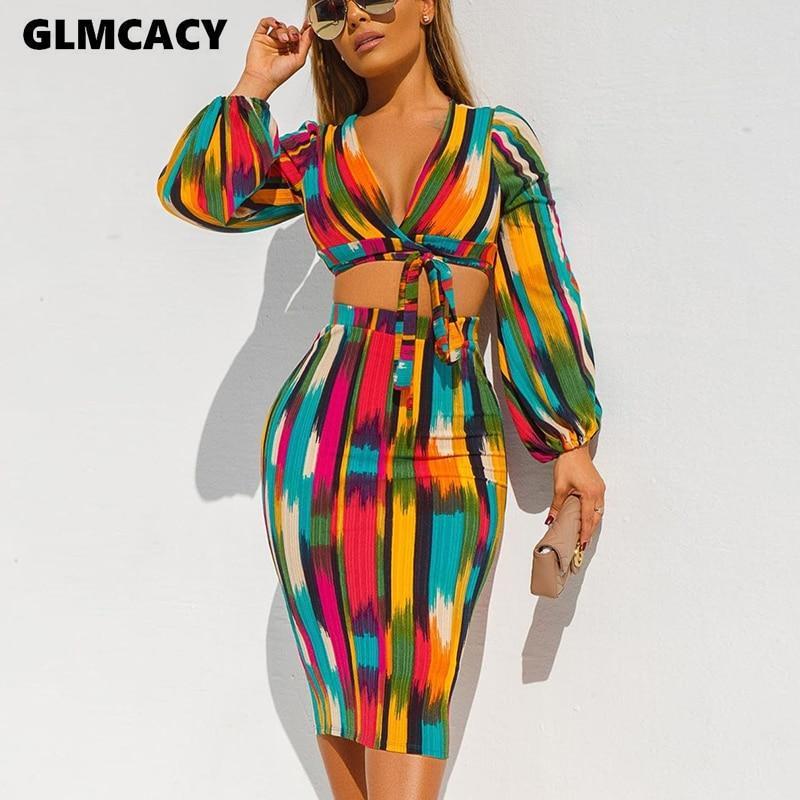 Long Sleeve Tie V Neck Crop Top and Midi Skirt Set - $40.95