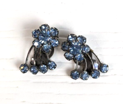 Vintage clip on earrings blue rhinestone flower silver tone jewelry March - £15.52 GBP