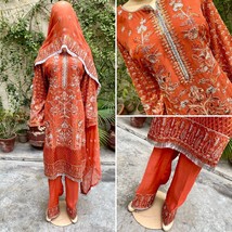 Pakistani Deep Orange Straight Style Embroidered Sequins 3pcs Chiffon Dr... - $128.70