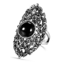 New Black Stone Rings For Women Retro Tibetan Silver Vintage Wedding Engagement  - £5.91 GBP