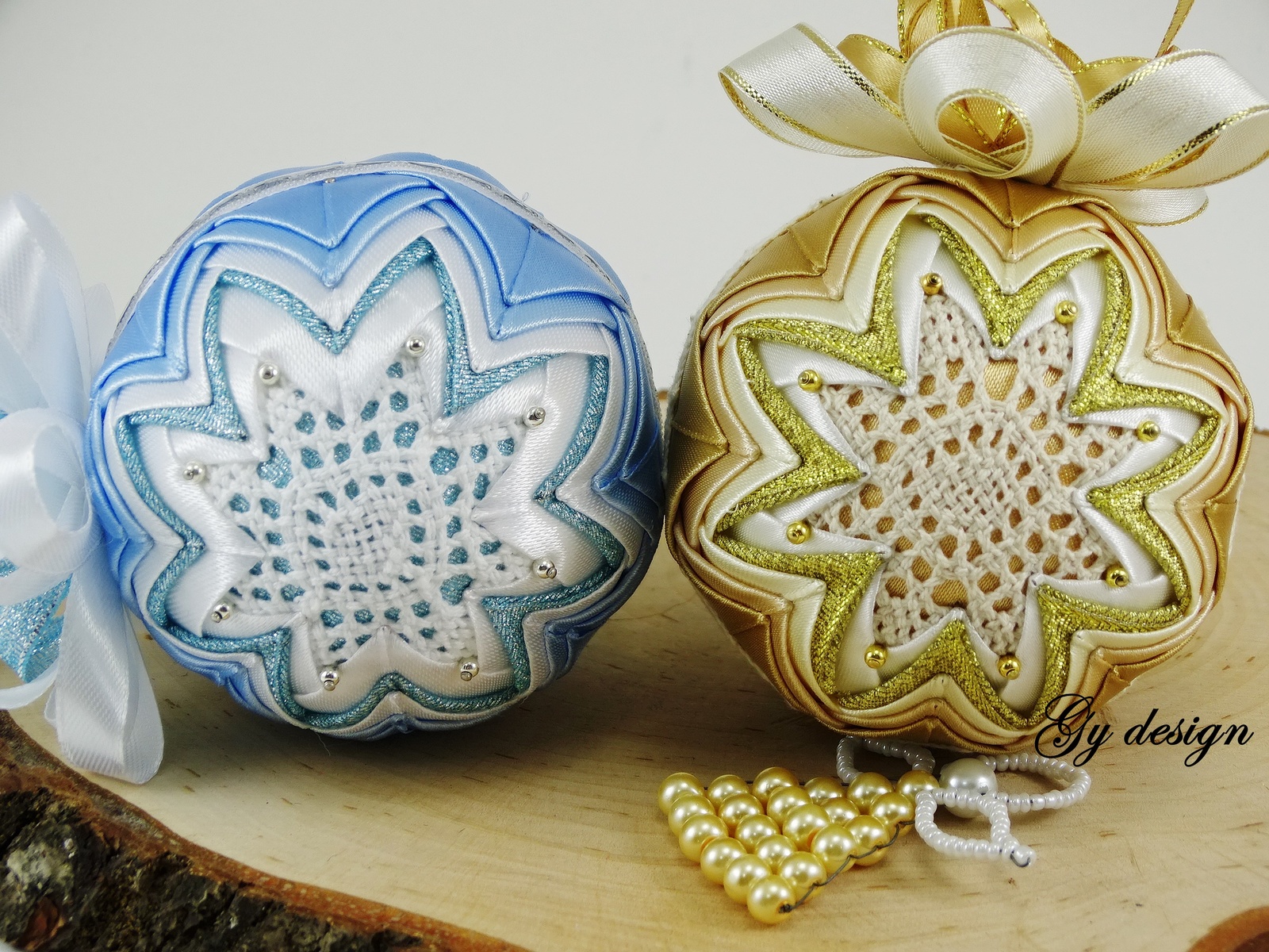 Christmas blue gold bauble xmas ornament quilted tree decoration handmade gift
