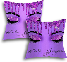 Hello Gorgeous Lashes Makeup Purple Decor Throw Pillow Covers Set of 2 Living Ro - £24.50 GBP