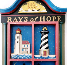 Lighthouse Wall Plaque Rays Of Hope Nautical 2 Hooks Wood Art Vintage GstRm - £77.30 GBP