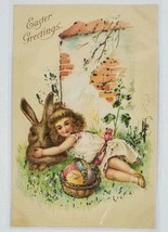 Easter Greetings Sweet Little Girl Large Rabbit Glitter Embossed Postcard M13 - £11.18 GBP