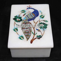 4&quot;x3&quot;x2&#39;&#39; White Marble Jewelry Box Malachite Floral Inlaid Mosaic Peacock Decors - £116.30 GBP