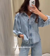 ZARA BNWT 2025. LIGHT BLUE DENIM SHIRT BLOUSE BALOON SLEEVES. 5216/053/406 - $93.94