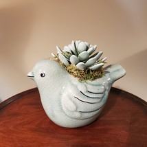 Bird Planter with Faux Succulent, Seafoam Green Pot with Artificial Fake Plant