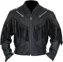 New Western Cowboy Black Color Leather Fringe Men Jacket - £142.22 GBP