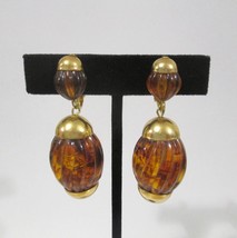Faux Amber Lucite Clip On Dangle Earrings Goldtone Vintage Jewelry - £14.14 GBP