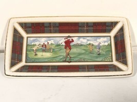 Sadler Ceramic Mens Desk Trinket Tray Vintage Golf Plaid Border Gold Trm England - £39.10 GBP