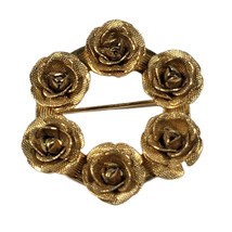 Vintage Rose Wreath Brooch Mesh Gold Tone Pin 1.5&quot; Bouquet Floral Estate Find - £7.28 GBP