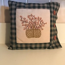 Alice's Cottage Prim 8"x 8" Pillow Green Check Cotton Square Embroidered Basket  - $12.30
