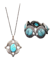 Sterling  Turquoise  Faux  Vintage Necklace  Bracelet 1950S Looks Like Set - $33.86