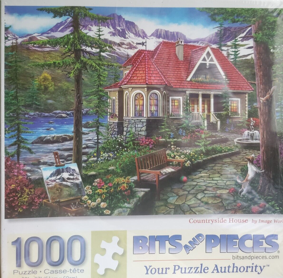 Bits and Pieces - 1000 Piece Puzzle Countryside House Forest Mountain Lake Manor - $21.49