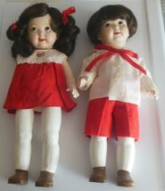 Vintage Bisque/Porcelain Googly Eye Dolls Jointed Girl &amp; Boy Painted Leg... - $445.50