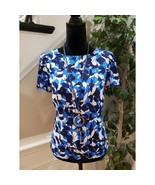 J.CREW Women&#39;s Blue &amp; Black Floral Lined Crew Neck Short Sleeve Top Blou... - $490.33 MXN