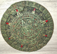 Vintage AZTEC Mayan Sun Calender Jade Green Mixed Stone Wall Plaque 7” - £18.97 GBP