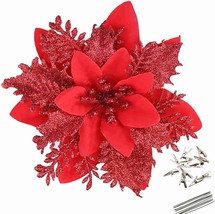 Greentime 12 Pcs 14Cm / 5.5In Artificial Red Poinsettia Flowers Decorations With - £35.96 GBP