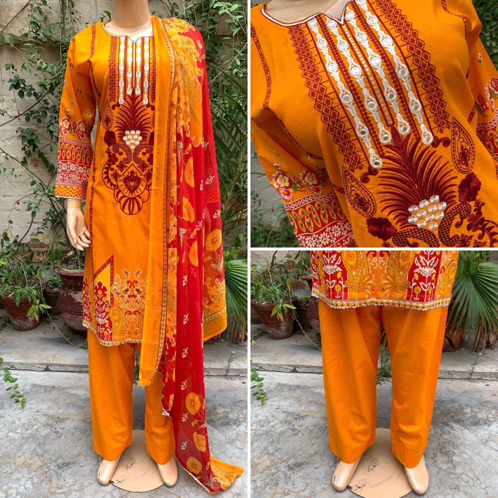 Pakistani Orange Printed Straight Shirt 3-PCS Lawn Suit w/ Threadwork ,M - $50.64