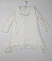 Brittany Black Lace Tunic Top 3/4 Sleeve Embellished White Womens Blouse - $19.68