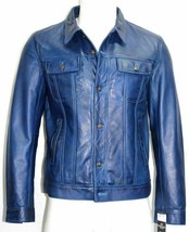 Men&#39;s Genuine Lambskin Leather Trucker Jacket Blue Biker Denim Shirt Sty... - $117.02+